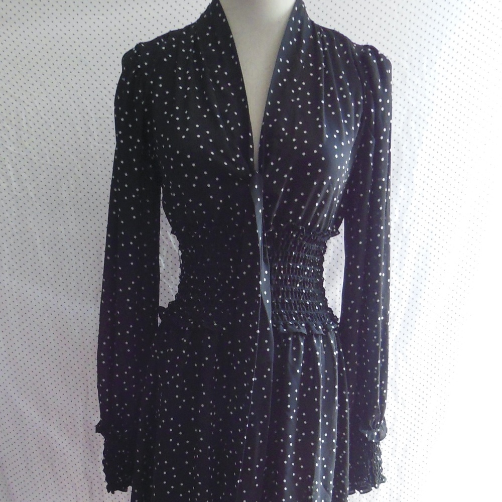 NEW MAX STUDIO Black CHIFFON Smocked Waist POLKA DOT Neck Tie MIDI DRESS XS - Picture 4 of 11